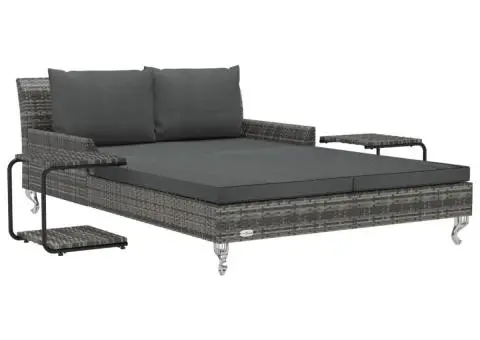 Pat de grădină pentru 2 persoane, cu perne, gri, poliratan - 2/5