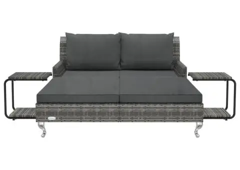 Pat de grădină pentru 2 persoane, cu perne, gri, poliratan - 3/5