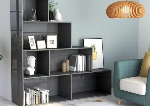 Bibliotecă/Separator, gri lucios, 155x24x160 cm, lemn prelucrat - 1/5