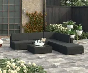 Set mobilier de grădină cu perne, 6 piese, negru, poliratan