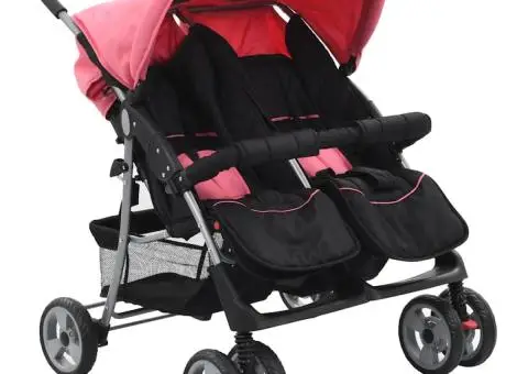 Cărucior dublu pentru copii, roz și negru, oțel - 1/5
