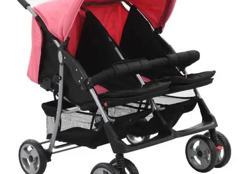 Cărucior dublu pentru copii, roz și negru, oțel - 3/5