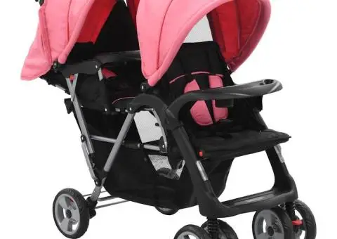 Cărucior tandem pentru copii, roz și negru, oțel - 1/5