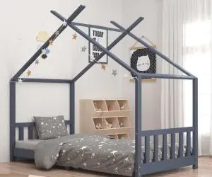 vidaXL Cadru de pat pentru copii, gri, 90 x 200 cm, lemn masiv de pin