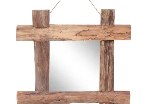 Oglindă din bușteni, natural, 50x50 cm, lemn de tec reciclat - 1/5