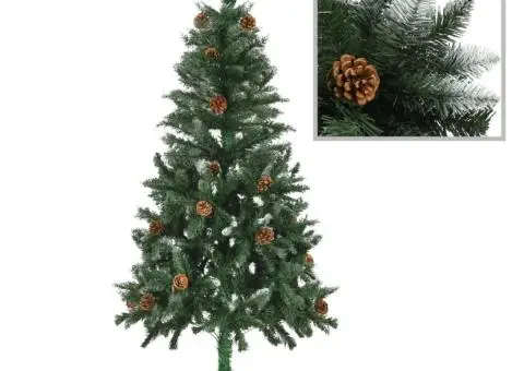 Brad de Crăciun artificial cu conuri pin și sclipici alb 150 cm - 1/5