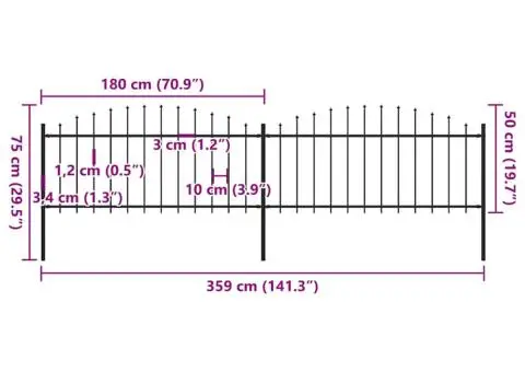 Gard de grădină cu vârf suliță, negru, 3,4 m, oțel - 5/5