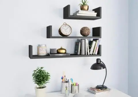 Raft de perete, 3 buc., gri extralucios, lemn prelucrat - 1/5