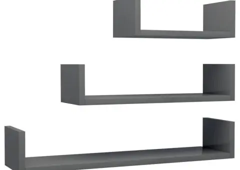 Raft de perete, 3 buc., gri extralucios, lemn prelucrat - 2/5