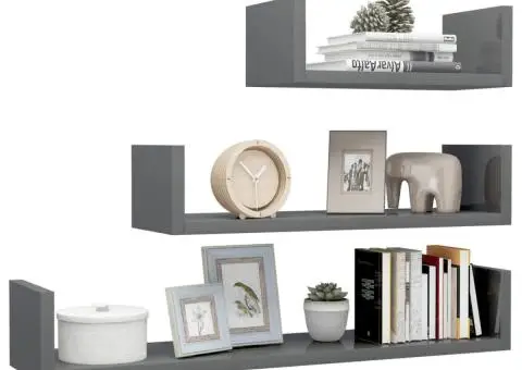 Raft de perete, 3 buc., gri extralucios, lemn prelucrat - 3/5