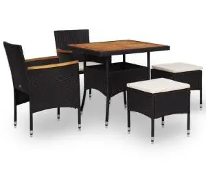 vidaXL Set mobilier de exterior 5 piese, negru, poliratan, lemn acacia
