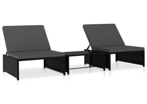 Șezlonguri cu masă, 2 buc., negru, poliratan - 1/5
