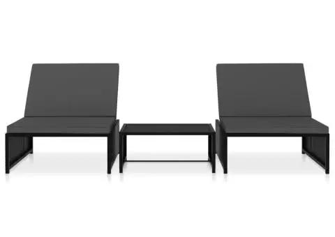 Șezlonguri cu masă, 2 buc., negru, poliratan - 2/5