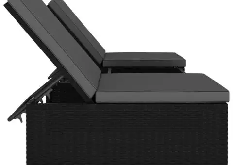 Șezlonguri cu masă, 2 buc., negru, poliratan - 3/5