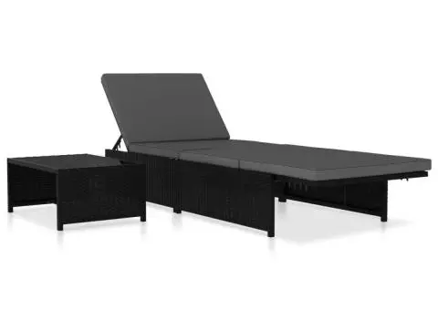 Șezlonguri cu masă, 2 buc., negru, poliratan - 4/5