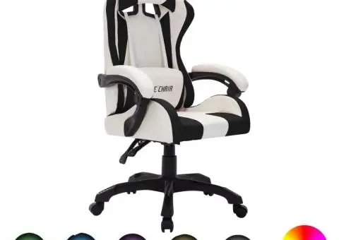 Scaun de racing cu LED RGB, alb și negru, piele ecologică - 1/5