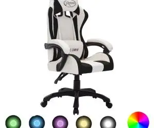 vidaXL Scaun de racing cu LED RGB, alb și negru, piele ecologică