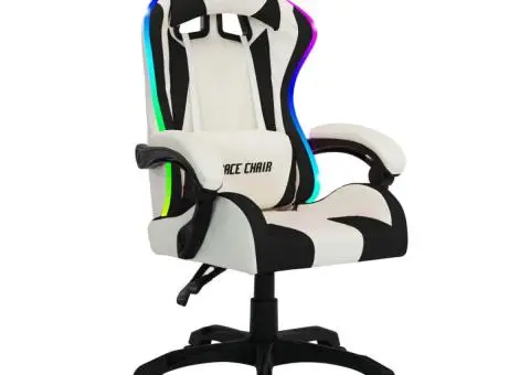 Scaun de racing cu LED RGB, alb și negru, piele ecologică - 2/5