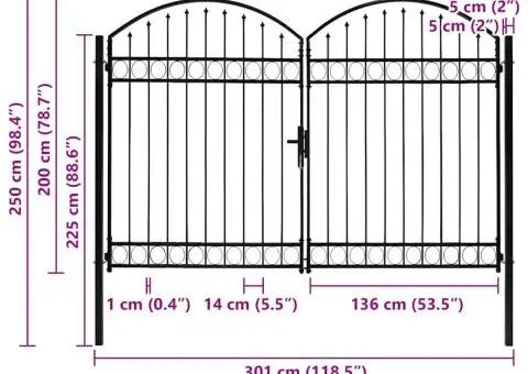 Poartă de gard dublă cu vârf în arcadă, negru, 300x200 cm, oțel - 5/5