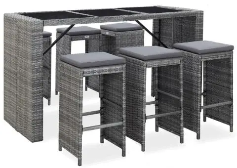 Set mobilier bar de grădină cu perne, 7 piese, gri, poliratan - 1/5