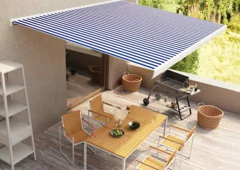 Copertină motorizată tip casetă, albastru și alb, 400 x 300 cm - 1/5