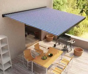 vidaXL Copertină motorizată tip casetă, albastru și alb, 350 x 250 cm