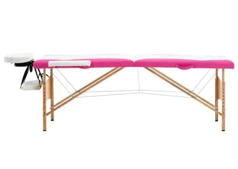 Masă pliabilă de masaj, 2 zone, alb și roz, lemn - 2/5