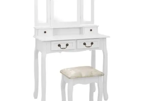 Set masă de toaletă cu taburet alb 80x69x141 cm lemn paulownia - 1/5