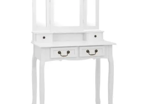 Set masă de toaletă cu taburet alb 80x69x141 cm lemn paulownia - 2/5