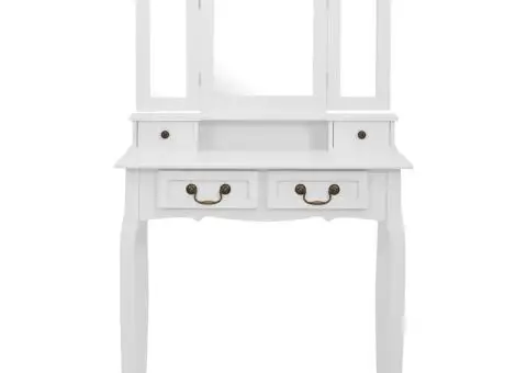 Set masă de toaletă cu taburet alb 80x69x141 cm lemn paulownia - 3/5