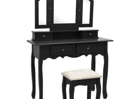 Set masă toaletă cu taburet negru 100x40x146 cm lemn paulownia - 1/5