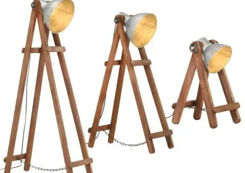 Lămpi de podea, 3 buc., argintiu, lemn masiv de mango, E27 - 2/5