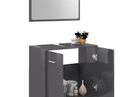 Set de mobilier de baie din, lemn prelucrat, gri lucios - 3/5