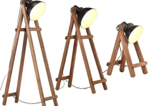 Lămpi de podea, 3 buc., negru, lemn masiv de mango, E27 - 2/5