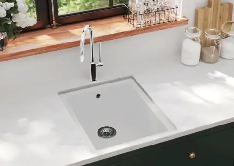 Chiuvetă de bucătărie cu orificiu de preaplin, alb, granit - 1/5