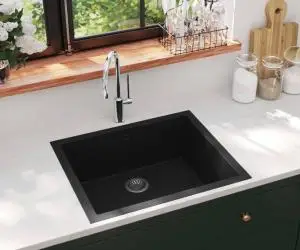 vidaXL Chiuvetă de bucătărie cu orificiu de preaplin, negru, granit
