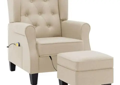 Fotoliu de masaj cu taburet, crem, material textil - 2/5