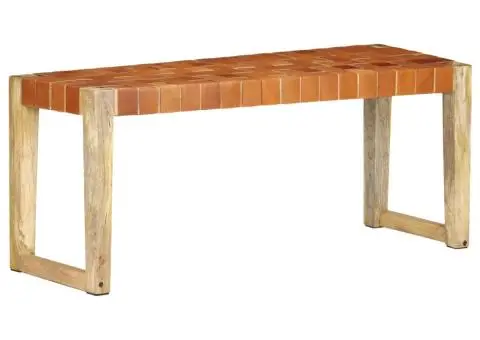 Bancă, maro, 110 cm, piele naturală și lemn masiv de mango - 1/5