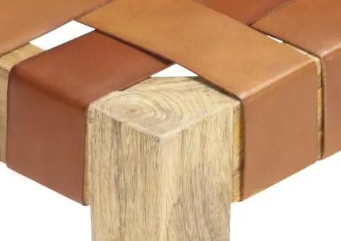 Bancă, maro, 110 cm, piele naturală și lemn masiv de mango - 4/5