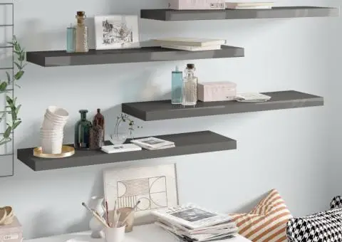 Rafturi de perete, 4 buc., gri extralucios, 90x23,5x3,8 cm, MDF - 1/5