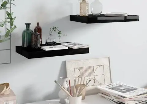 Rafturi de perete, 2 buc., negru extralucios, 40x23x3,8 cm, MDF - 1/5