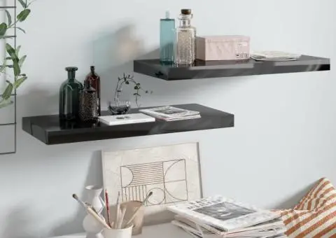 Rafturi de perete 2 buc. negru extralucios, 60x23,5x3,8 cm, MDF - 1/5