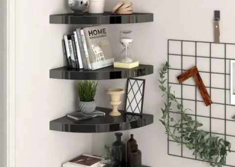 Rafturi colț perete 4 buc, negru extralucios, 35x35x3,8 cm, MDF - 1/5