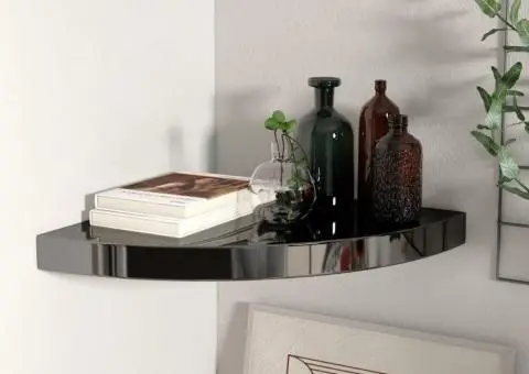 Raft colțar de perete, negru extralucios, 35x35x3,8 cm, MDF - 1/5