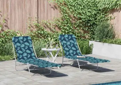 Șezlonguri pliabile, 2 buc., oțel & țesătură, model frunze - 2/5