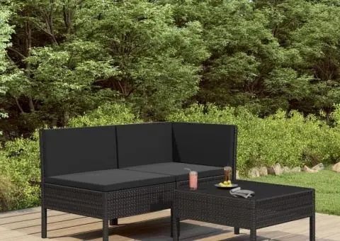 Set mobilier de grădină cu perne, 3 piese, negru, poliratan - 1/5