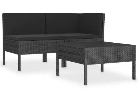 Set mobilier de grădină cu perne, 3 piese, negru, poliratan - 2/5