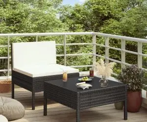 vidaXL Set mobilier de grădină cu perne, 2 piese, negru, poliratan