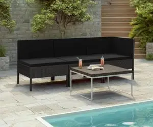 vidaXL Set mobilier de grădină cu perne, 3 piese, negru, poliratan