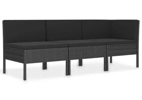 Set mobilier de grădină cu perne, 3 piese, negru, poliratan - 2/5